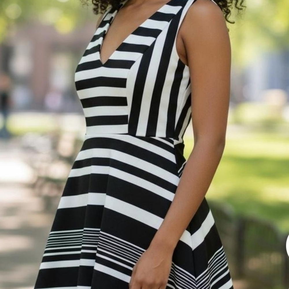 Torrid Black & White Striped V-Neck Fit-and-Flare Dress.
